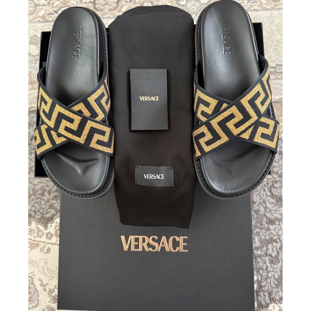 Versace Mens Greca Cross Strap Slides Black Gold Metallic Sandals Size 43 Spain